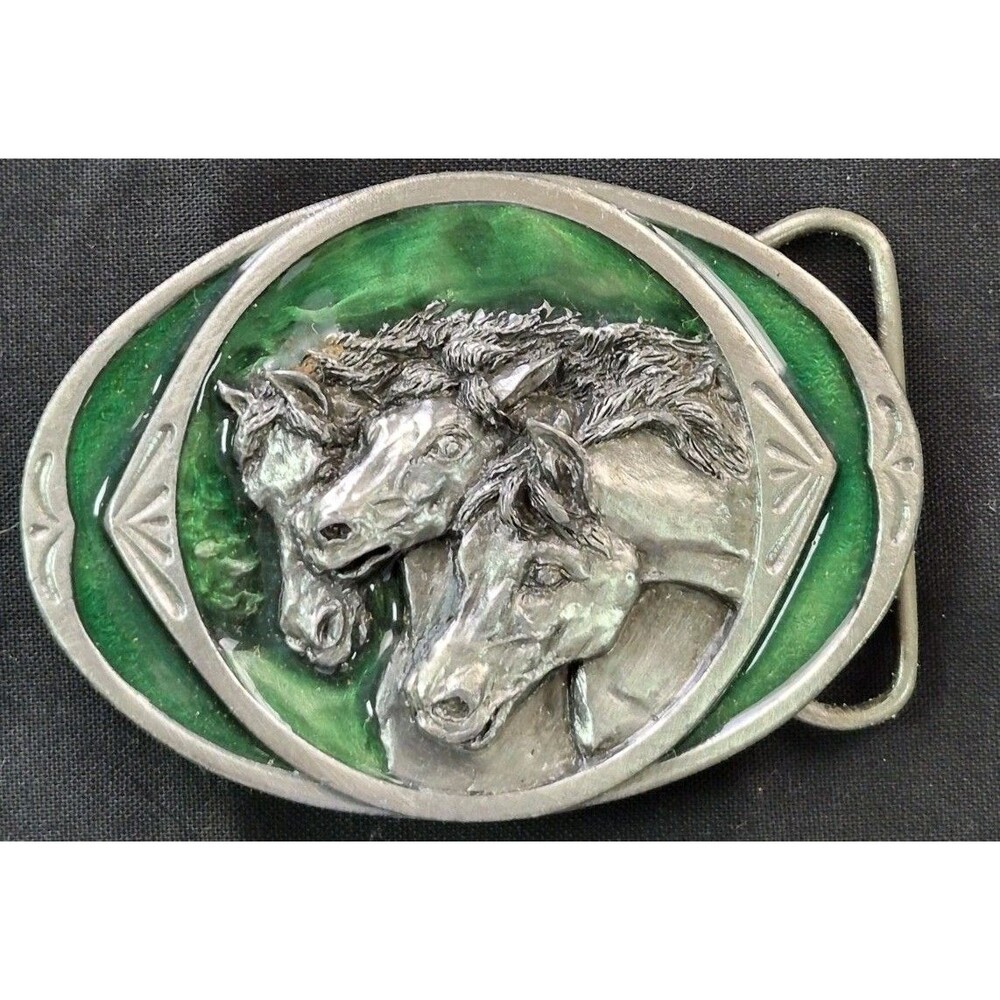 Vintage Bergamot Brass Works Equestrian Belt Buckle Pewter Green Enamel Horses